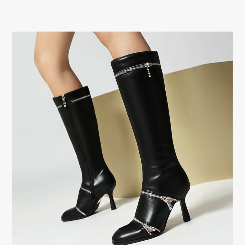 AIJIVOU Women's Stiletto Mid Calf Boots Solid Sexy Zip Detail Stiletto High Heel